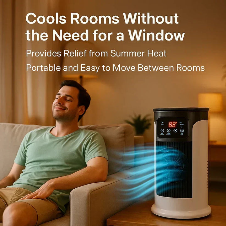 Portable AC unit with humidifier function. Perfect windowless room cooler for a comfortable dorm environment.