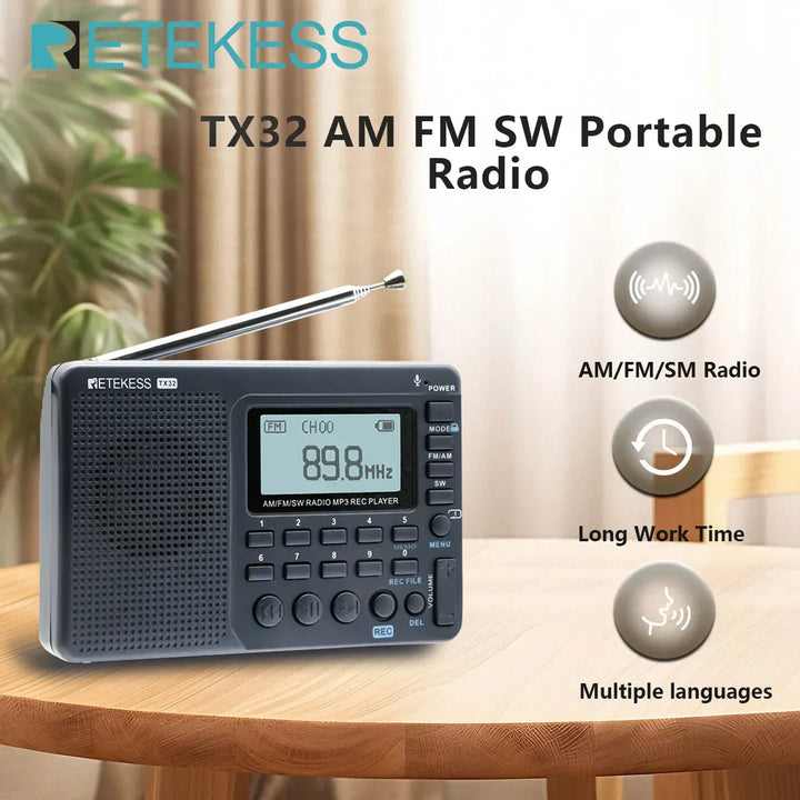 Compact EchoWave AM/FM/SW shortwave radio for camping. Rechargeable travel & emergency audio device.