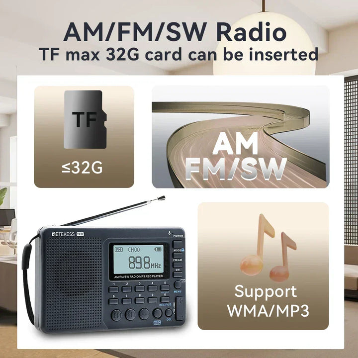 EchoWave portable AM/FM/SW radio on a bedside table. Compact personal audio for home & quiet listening.