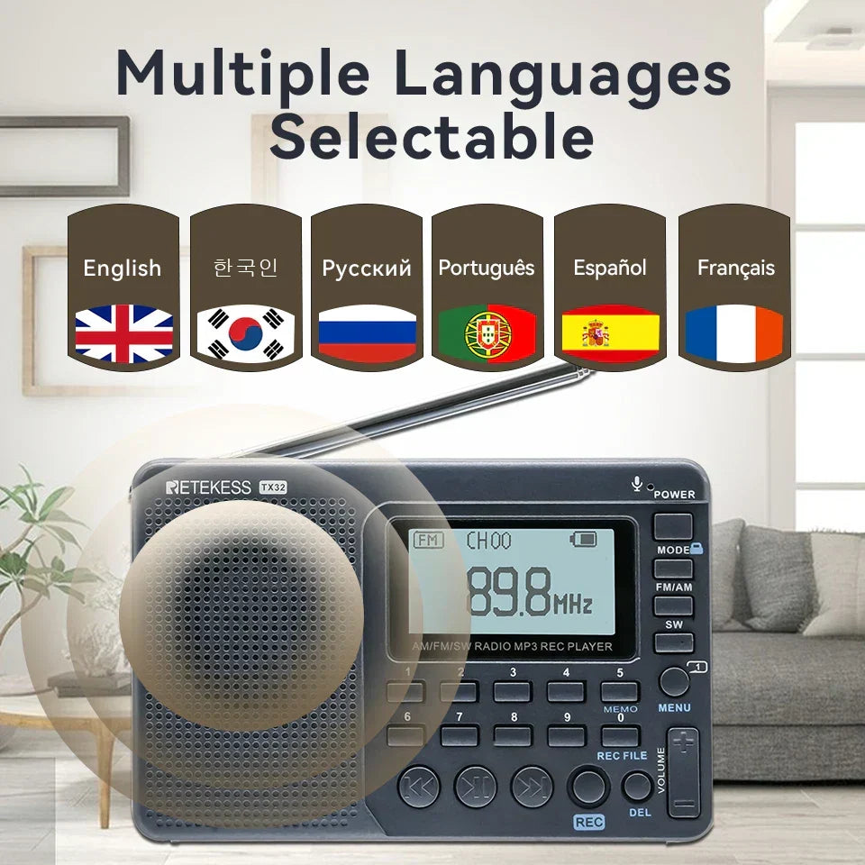 Handheld EchoWave AM/FM/SW radio showcasing its compact design. Rechargeable for long-lasting travel.