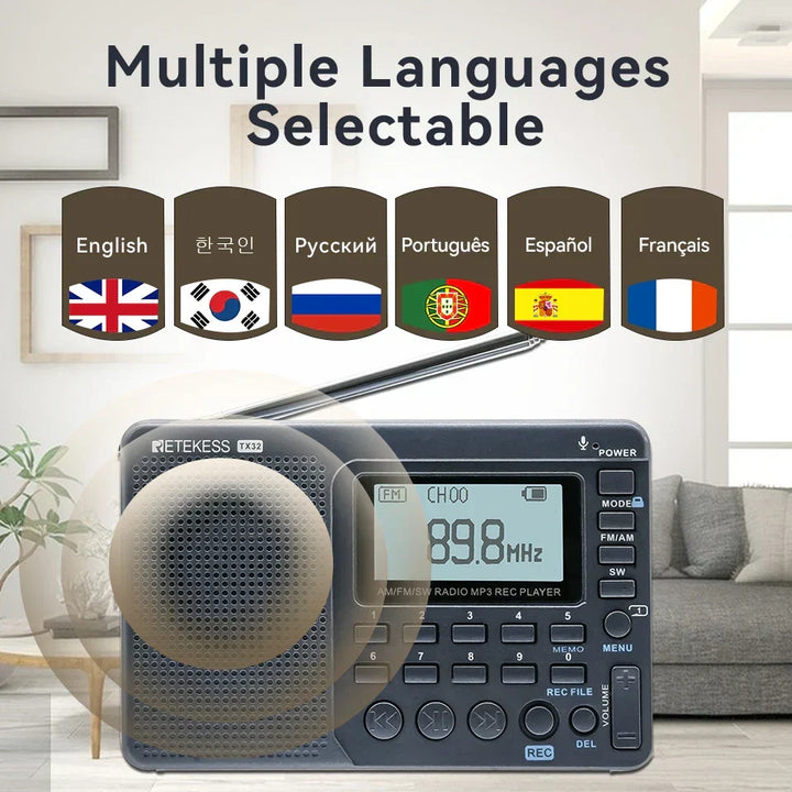 Handheld EchoWave AM/FM/SW radio showcasing its compact design. Rechargeable for long-lasting travel.