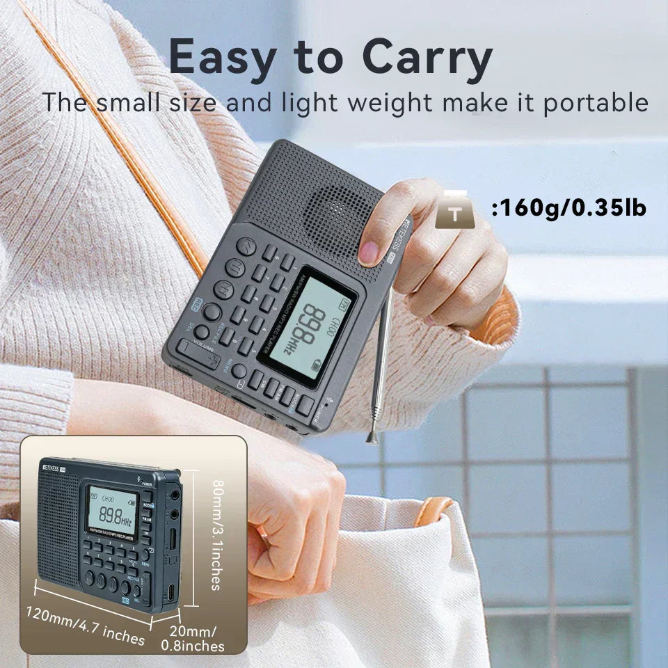 EchoWave compact portable radio with antenna extended, AM/FM/SW bands. Versatile for travel, home & outdoor.