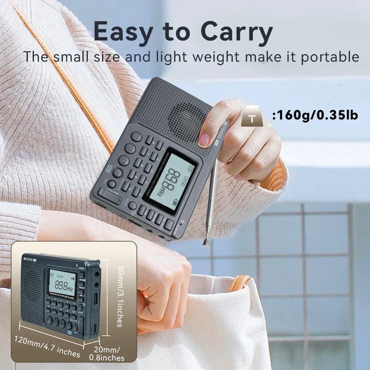 EchoWave compact portable radio with antenna extended, AM/FM/SW bands. Versatile for travel, home & outdoor.