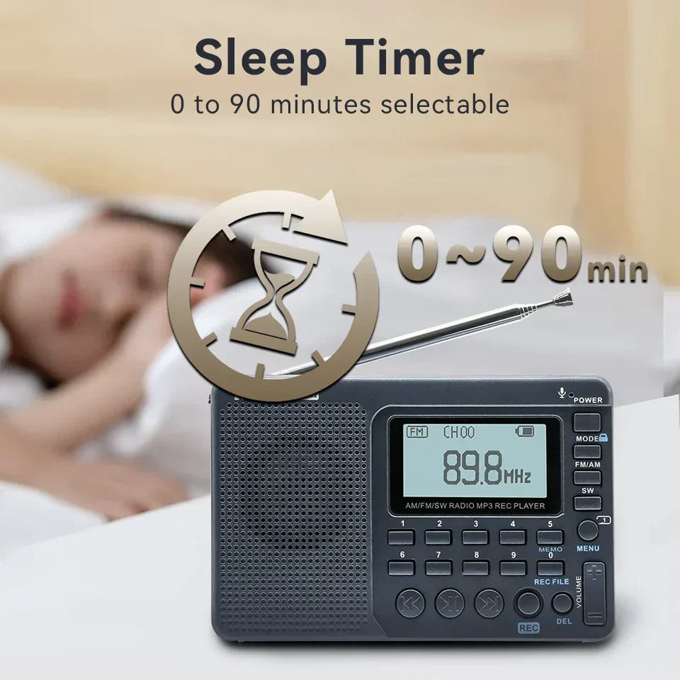 Rechargeable EchoWave AM/FM/SW radio next to a passport. Ideal travel companion, compact & personal audio.