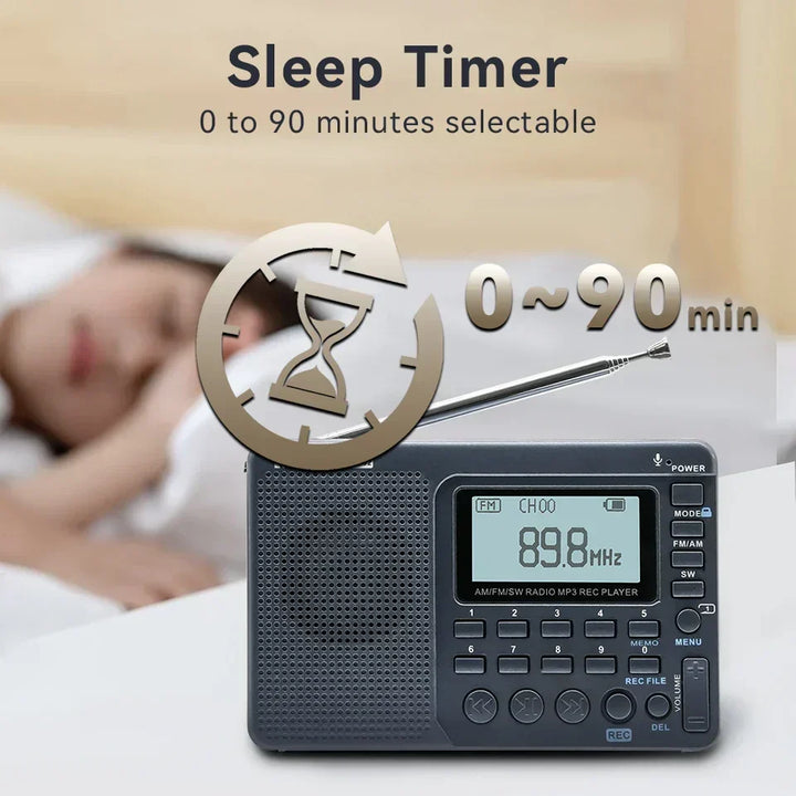 Rechargeable EchoWave AM/FM/SW radio next to a passport. Ideal travel companion, compact & personal audio.