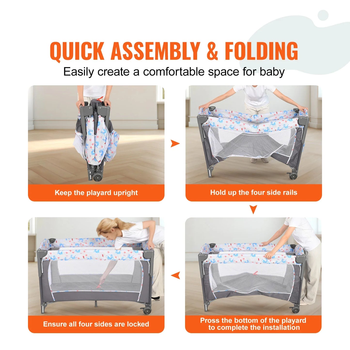 Foldable infant travel crib with changer and storage for newborn essentials