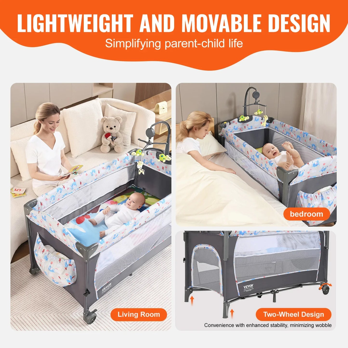 Grey portable baby bassinet with mesh sides, wheels and mosquito net canopy