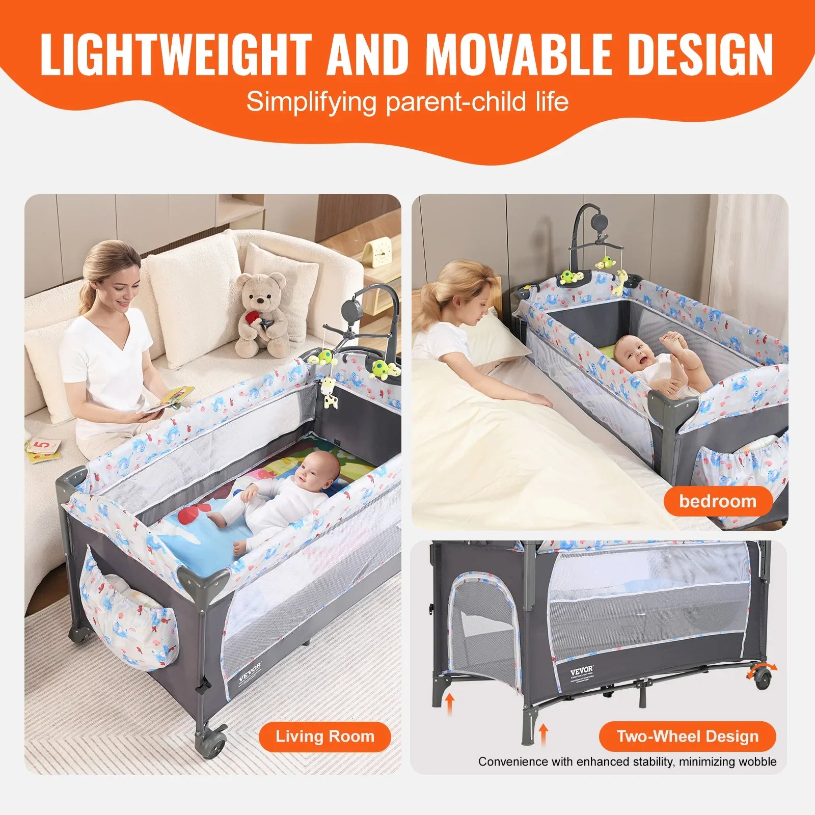Grey portable baby bassinet with mesh sides, wheels and mosquito net canopy