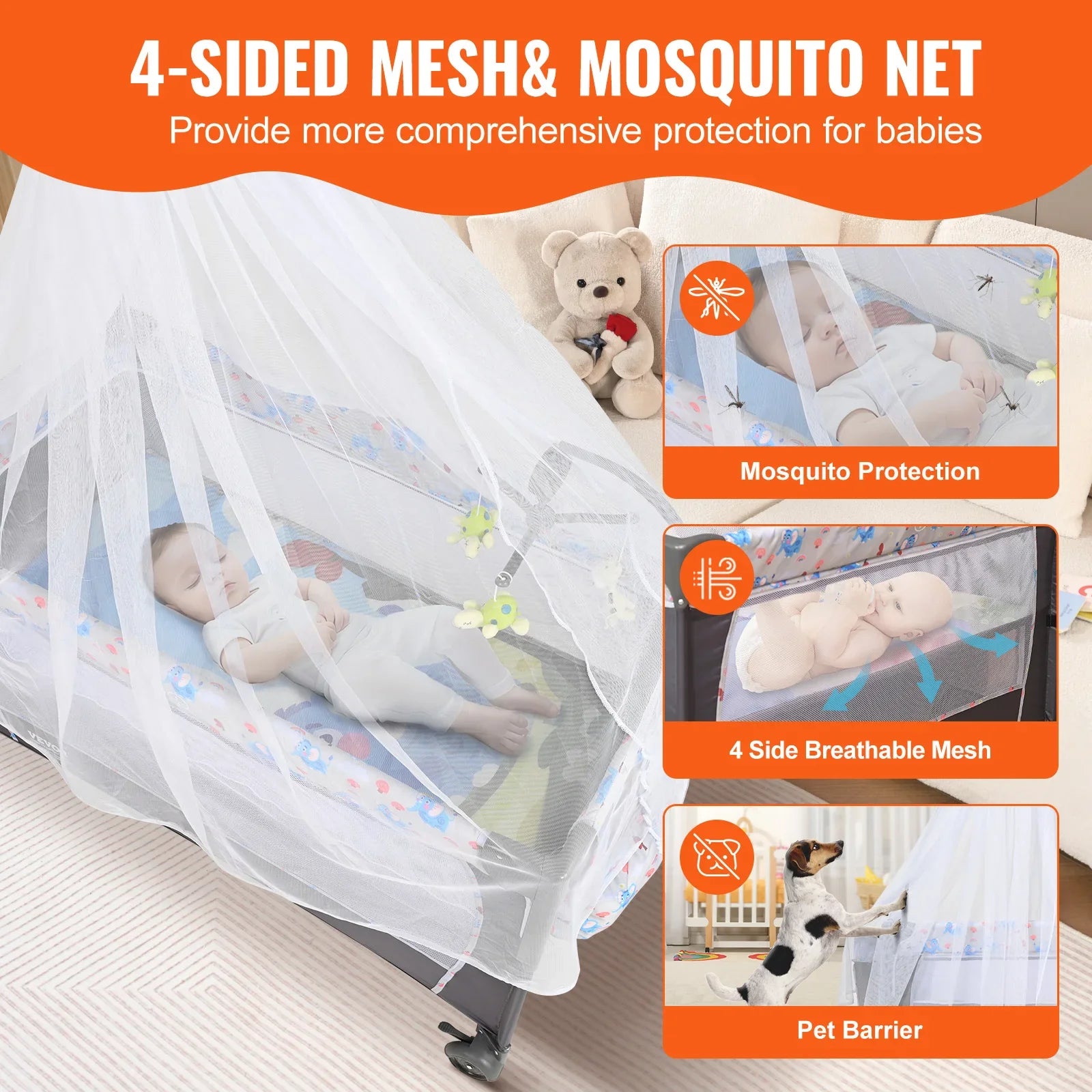 Soft padded infant bedside sleeper with detachable changer and storage pockets