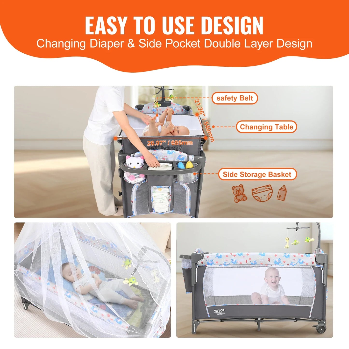 Compact baby playpen bassinet with locking wheels and protective mosquito net