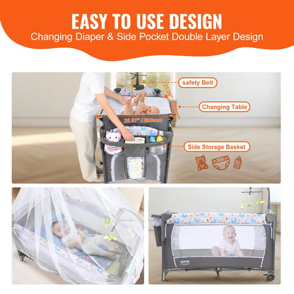 Compact baby playpen bassinet with locking wheels and protective mosquito net