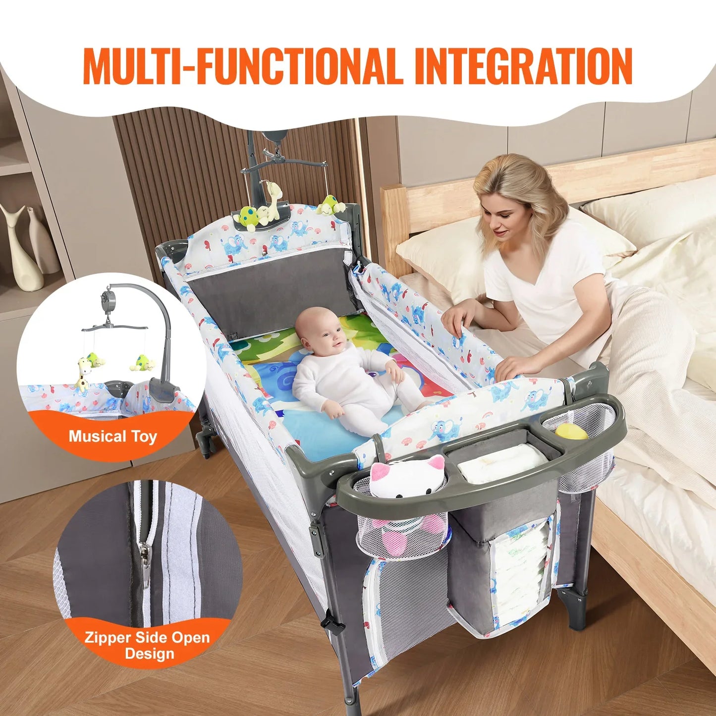 Stylish portable bassinet with changing station and breathable mosquito net for baby