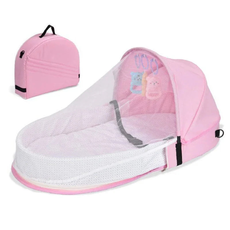 Baby bed with mosquito net, designed for safe sleep, showing breathable sides