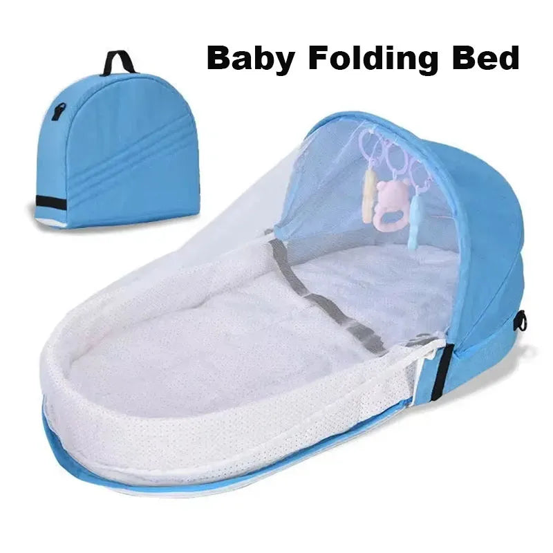 Unisex baby bassinet with mosquito net, side view, showing breathable mesh