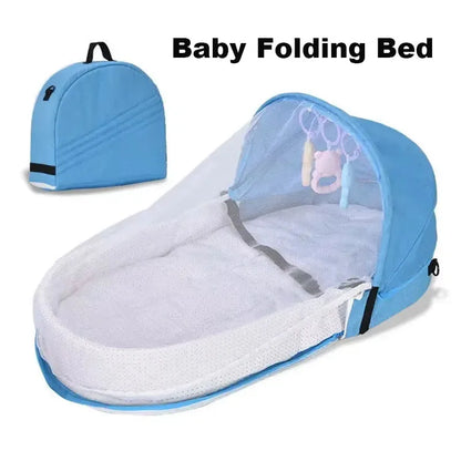 Unisex baby bassinet with mosquito net, side view, showing breathable mesh
