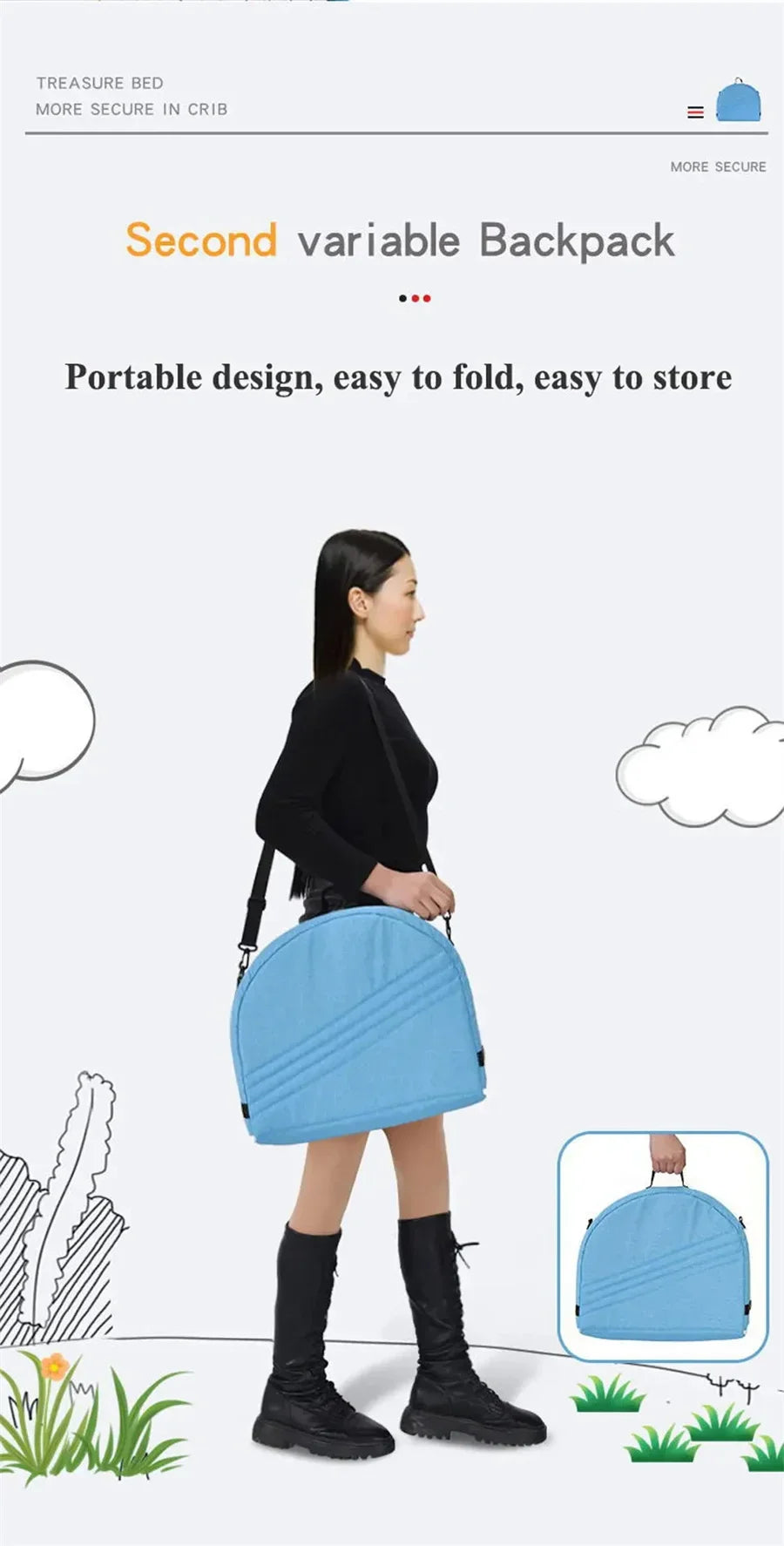 Gray portable baby bed with mosquito net, showing carrying handles for travel