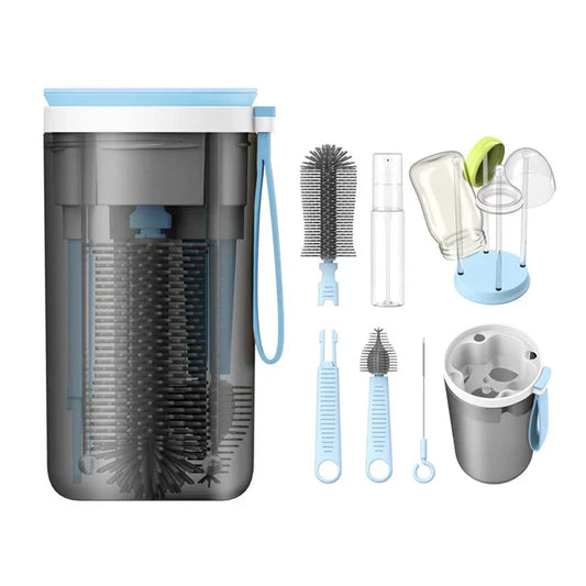 Portable baby bottle cleaning kit with brush, nipple cleaner, and drying rack for travel.