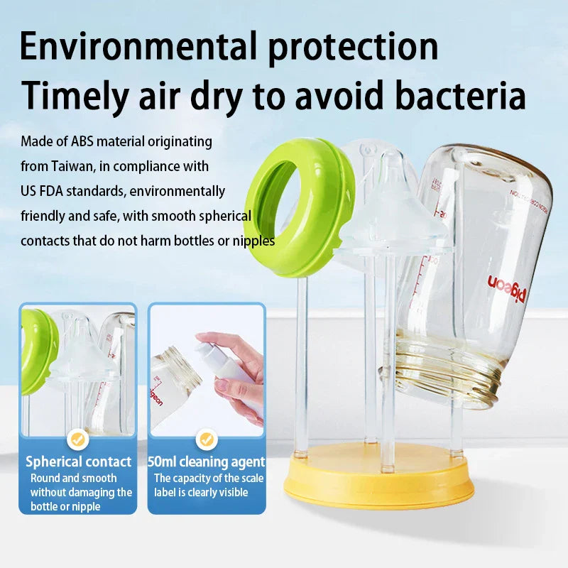 Portable baby bottle cleaning kit with collapsible drying rack, perfect for travel kitchen.
