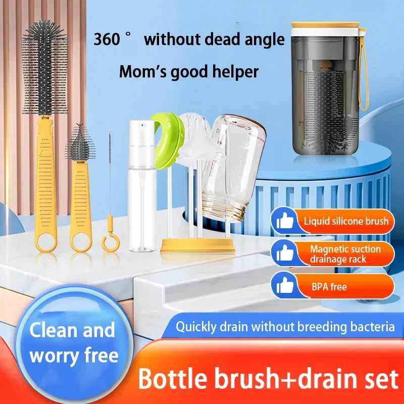 Convenient baby bottle brush set with stand, a must-have for feeding accessories hygiene.