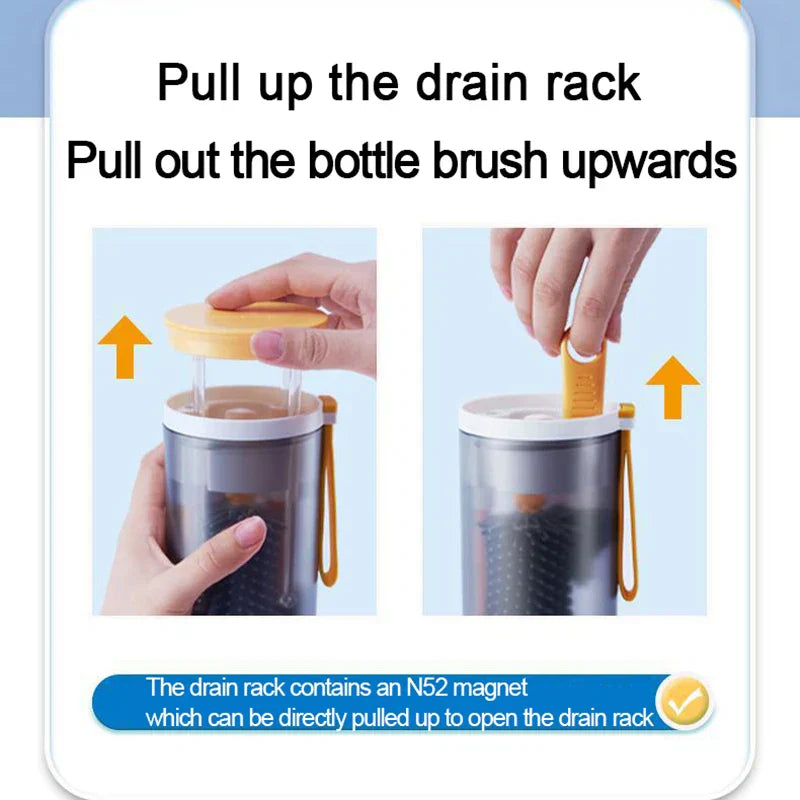 Compact and portable baby bottle cleaner kit, including brush and integrated drying rack.