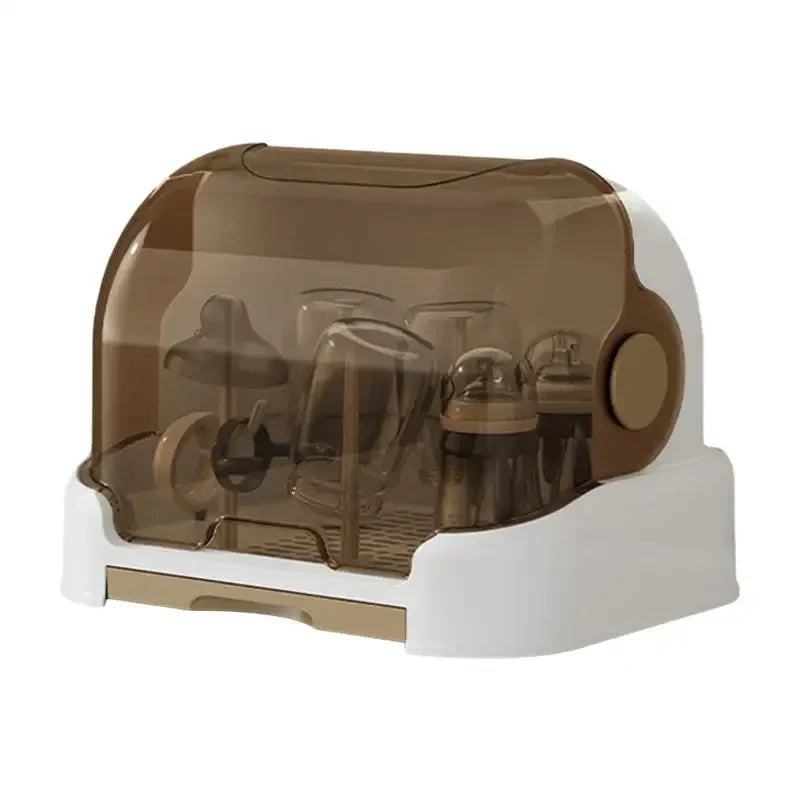 Dustproof portable baby bottle drying rack, designed for convenient and hygienic storage of feeding items.