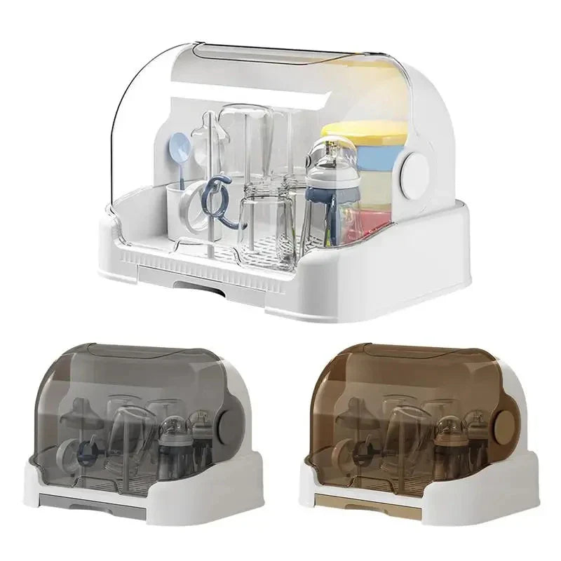 Baby bottle organizer with clear dustproof cover, ensuring clean and dry storage for nursing supplies.