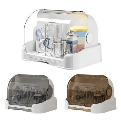 Baby bottle organizer with clear dustproof cover, ensuring clean and dry storage for nursing supplies.