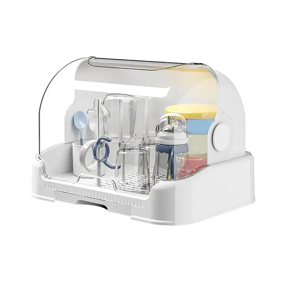 Closed dustproof storage box for baby bottles, functioning as a portable drying rack and organizer.