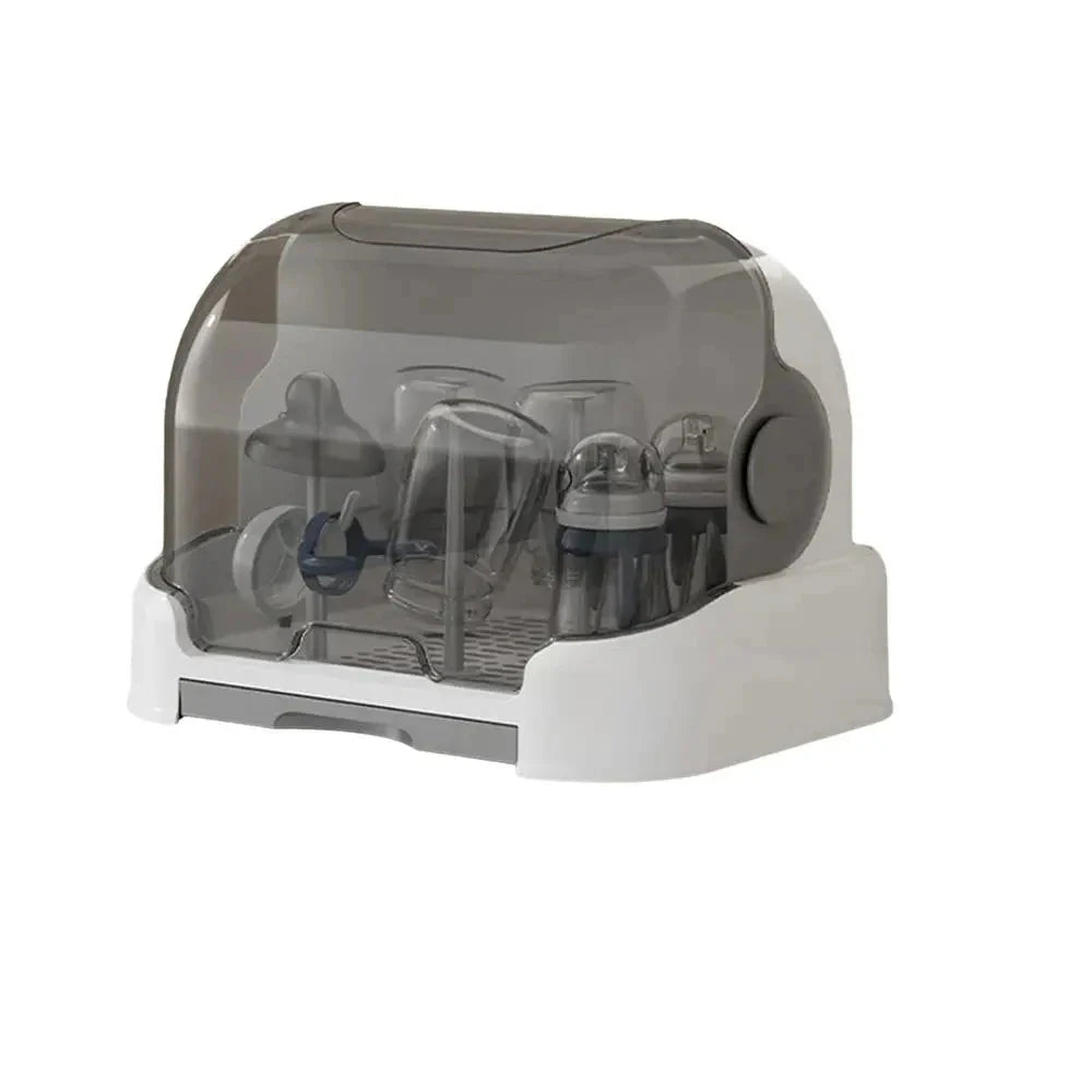 White portable baby bottle rack with integrated organizer, keeping feeding accessories dry and dust-free.