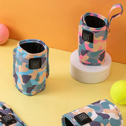 Portable USB milk warmer with insulated pouch, ideal for on-the-go baby feeding needs.