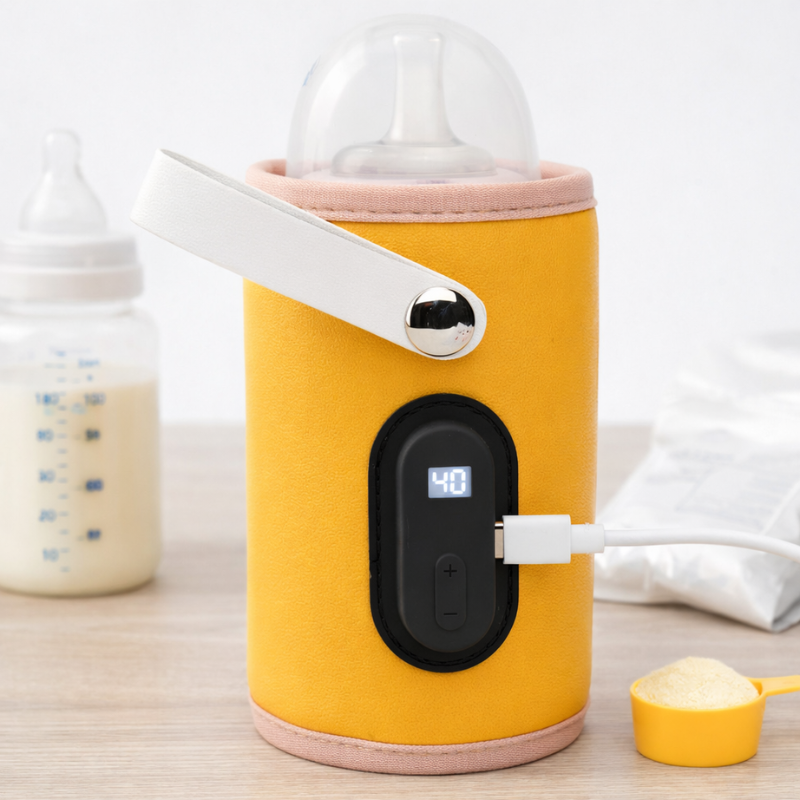 Portable baby bottle warmer on a stroller, providing warm milk for walks and travel.