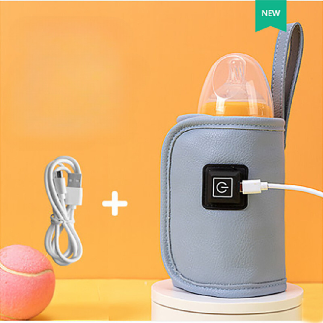 Close-up of portable baby bottle warmer, warming milk for newborn care, travel ready.