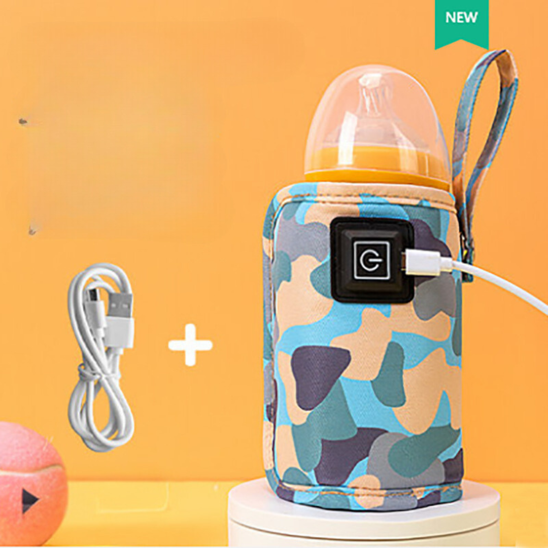 Portable baby bottle warmer on a car seat, providing warm milk during travel.