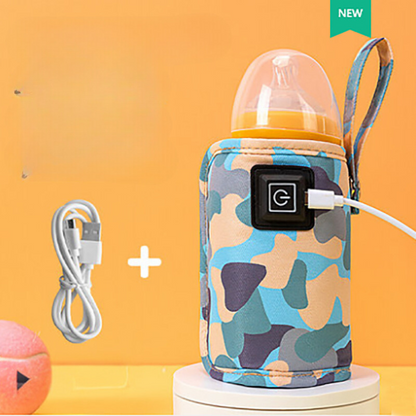 Portable baby bottle warmer on a car seat, providing warm milk during travel.