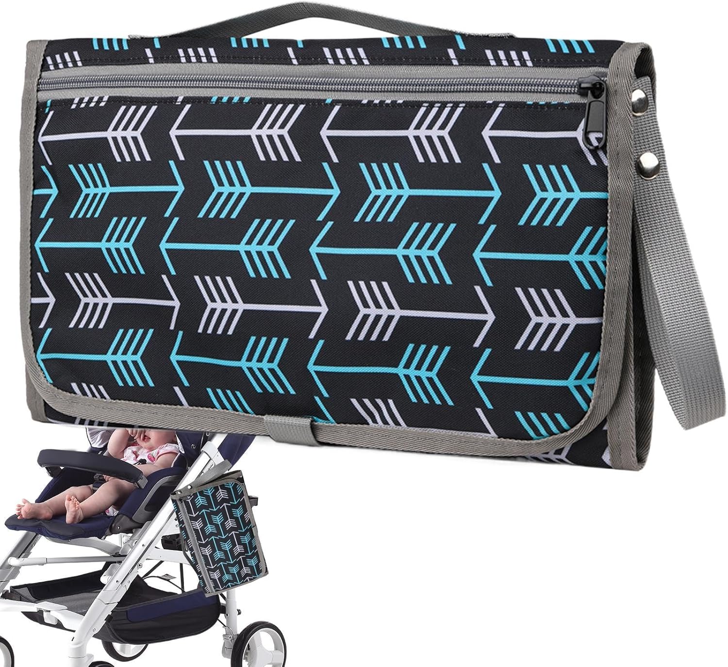Portable baby changing mat unrolled, displaying its full length and easy-clean material.