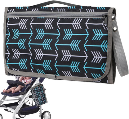 Portable baby changing mat unrolled, displaying its full length and easy-clean material.