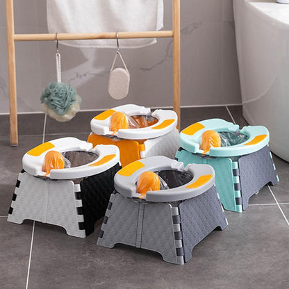Portable baby foldable potty for travel, home, and outdoor use, white and blue design