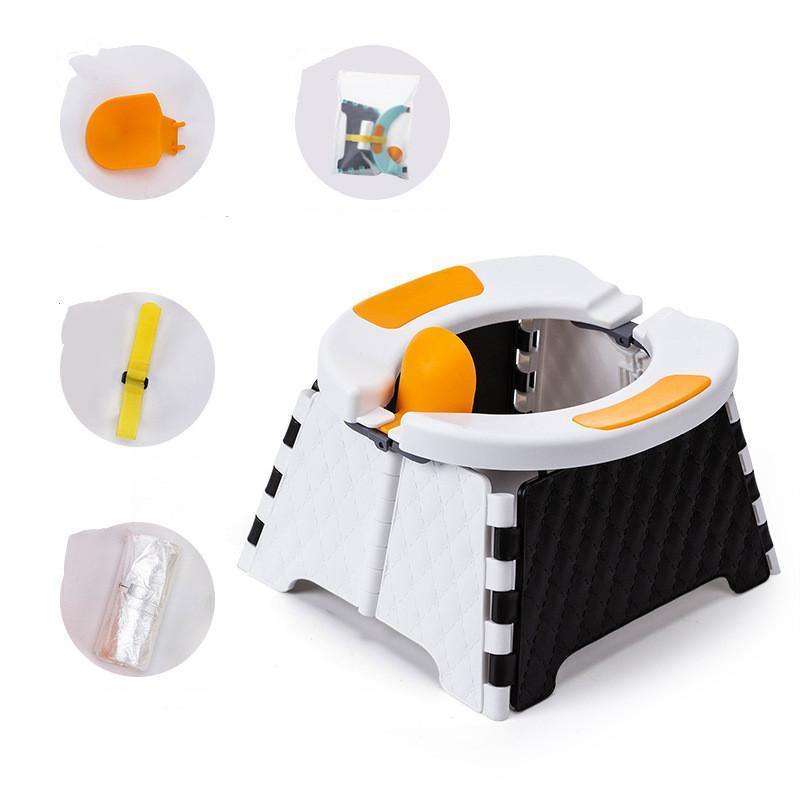 Compact travel potty folded for easy storage, showing its slim profile and portability