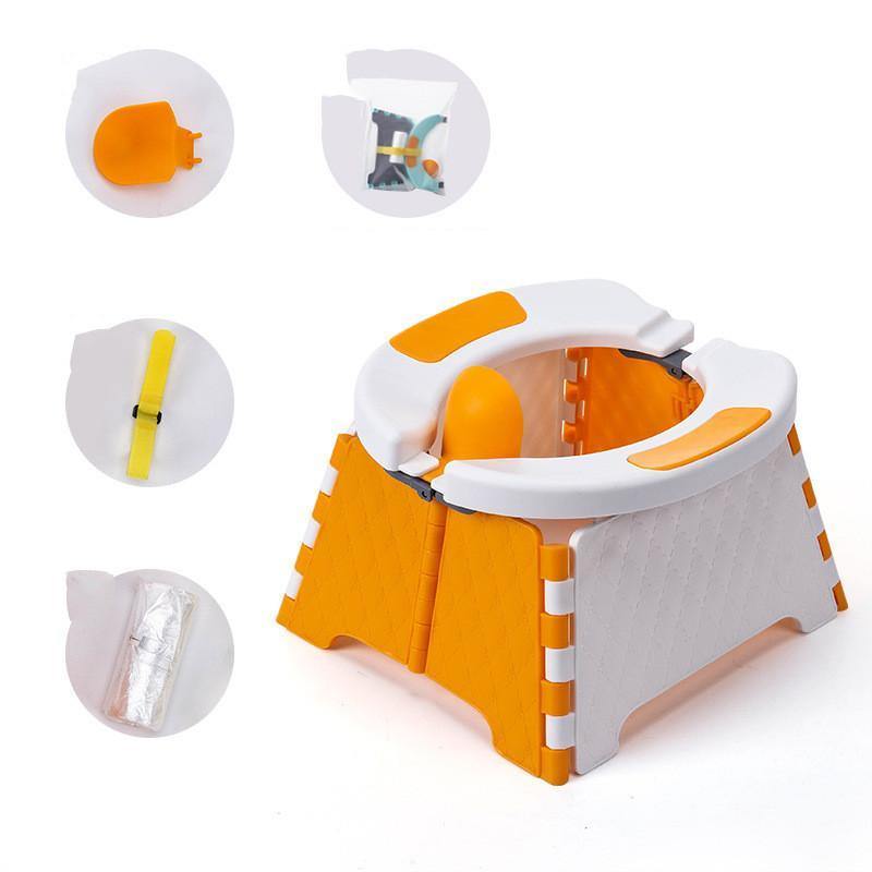 Toddler using a portable potty, demonstrating its comfortable and child-friendly design