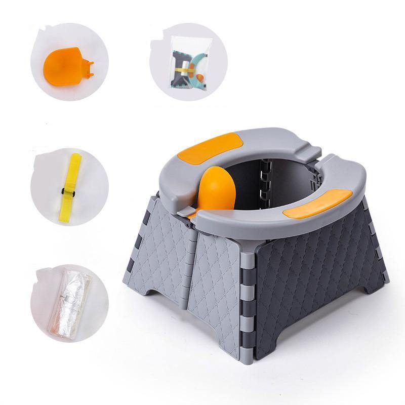 Foldable baby travel toilet in a park setting, highlighting its outdoor convenience