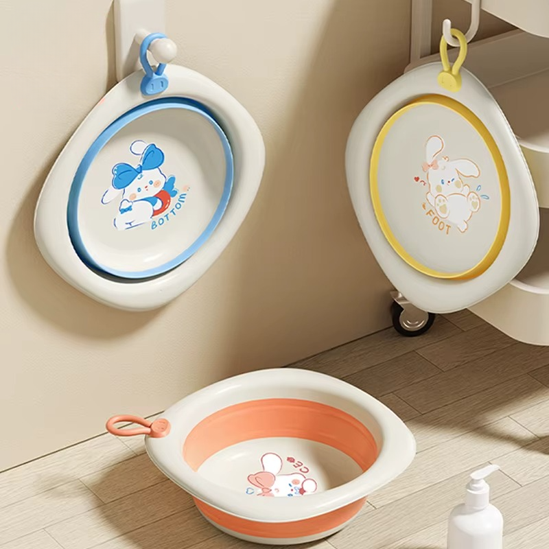 Portable baby foldable travel laundry basin in blue, ideal for infant hygiene & washing on the go.