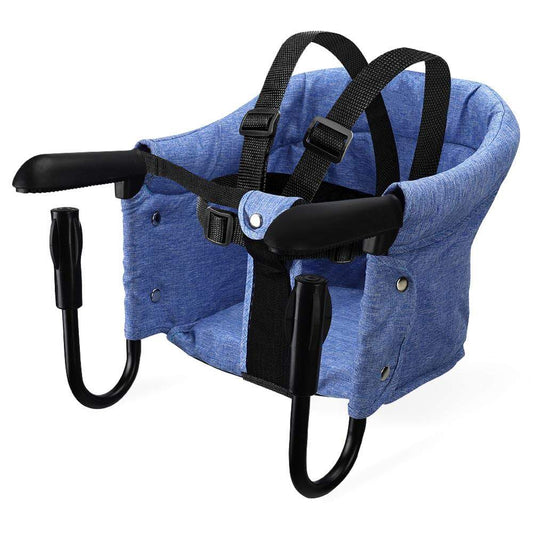 Portable baby high chair with 5-point harness, perfect for safe infant dining on the go.