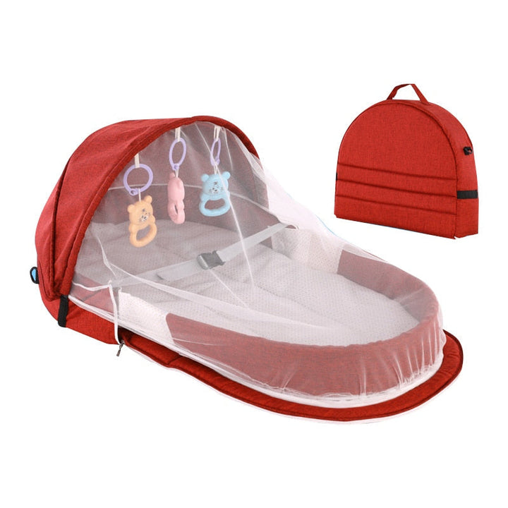 Outdoor baby safety: portable travel crib with mosquito net & sun shade for peaceful naps.