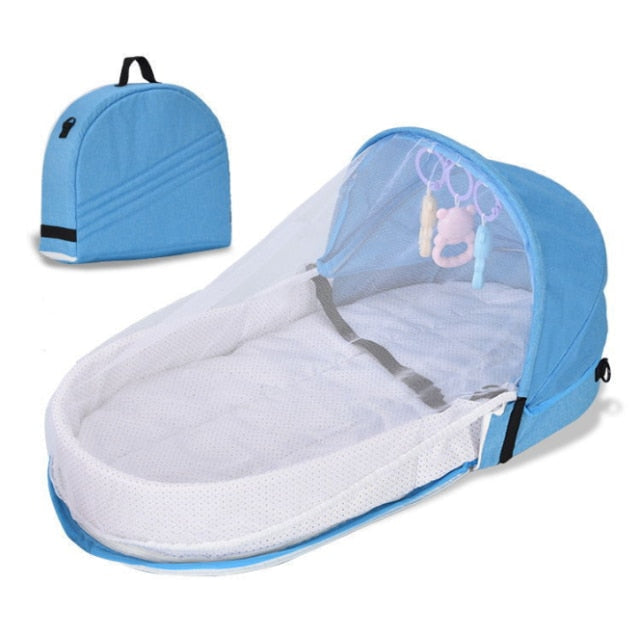 Safe baby travel crib with breathable mesh, mosquito net, & sun protection for infants.