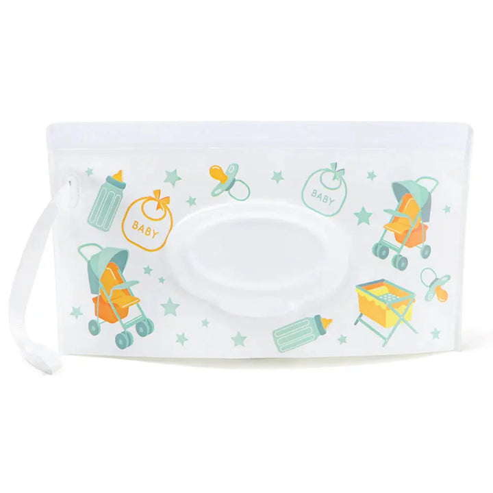 On-the-go baby wipe case with charming design, flip top & attached snap strap