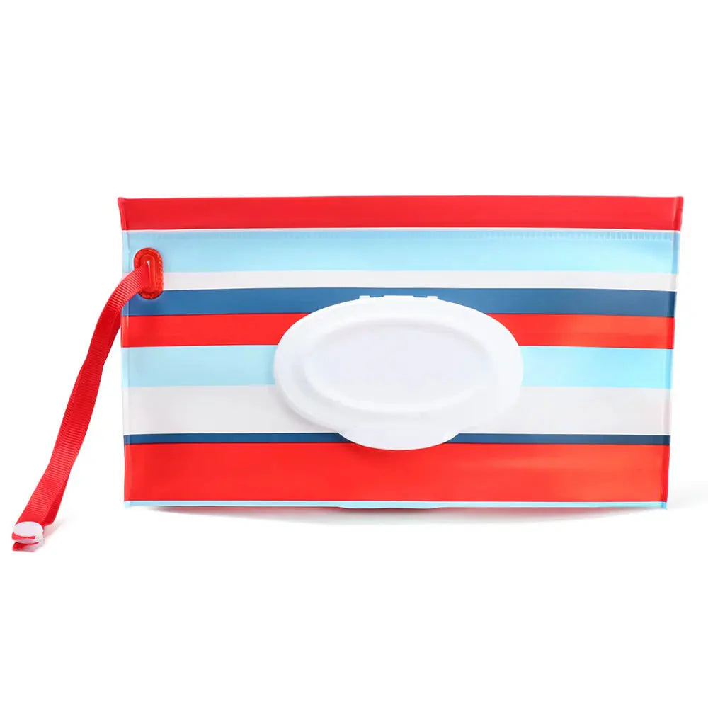Secure portable baby wipe holder with easy-open flip top & handy snap strap