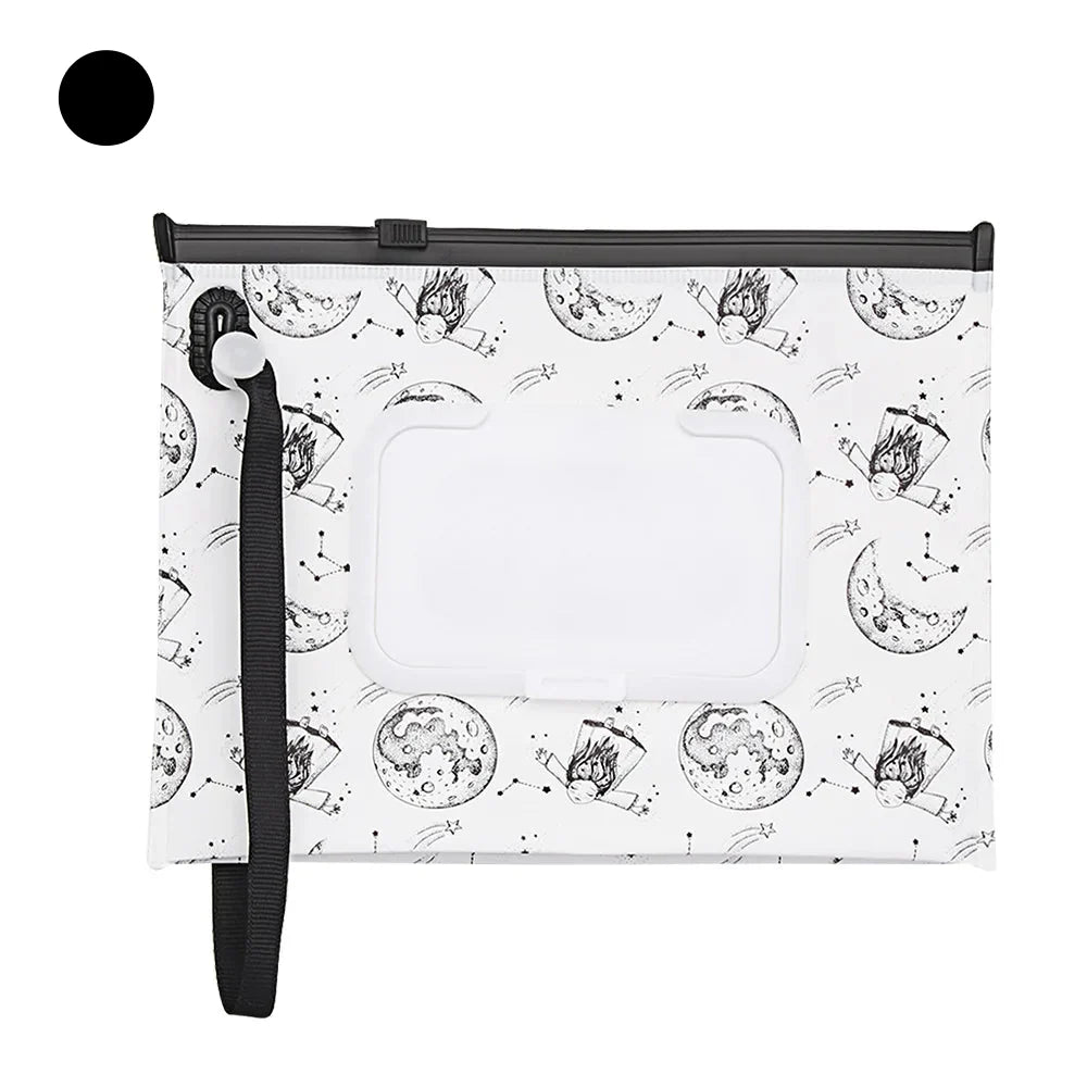 Reusable baby wipe holder with snap strap, keeps wipes moist & handy for travel