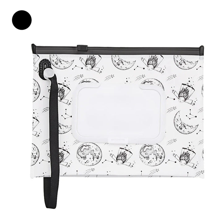 Reusable baby wipe holder with snap strap, keeps wipes moist & handy for travel