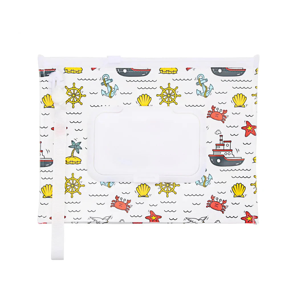 Cute pattern portable baby wipe holder with snap strap, accessible for emergencies