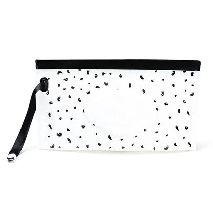 Baby's portable wet wipe dispenser, perfect for diaper bag with attached strap
